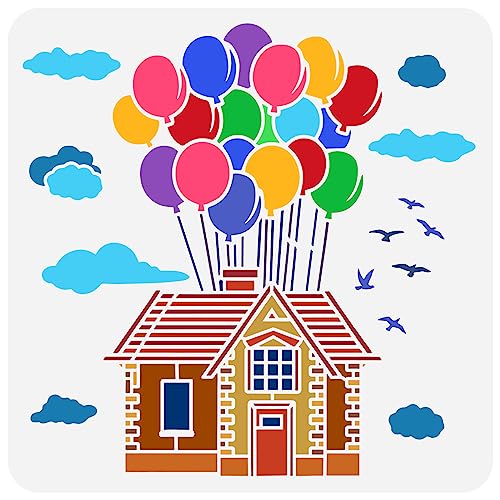 FINGERINSPIRE Malschablone Haus Mit Luftballons 30x30 cm Wiederverwendbar Fliegendes Haus Tour Zeichnungsvorlage DIY Handwerk Wolkenvögel Schablone Zum Malen Auf Holz Wand Stoff Leinwand Möbeln von FINGERINSPIRE