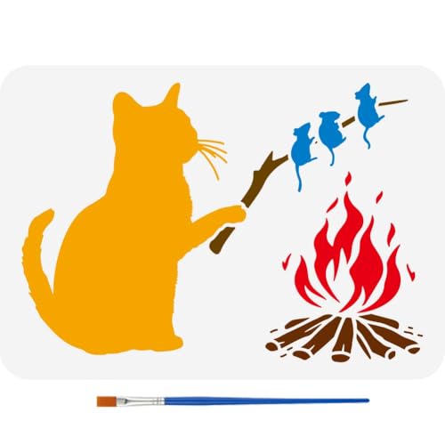 FINGERINSPIRE Malschablone Mit Katze Und Gegrillter Maus 21x29.7cm Mit Pinsel Zeichenschablone Mit Katzen Und Mäusebraten Motiv Kunststoff Feuerzweig Holzmuster Schablone Tiermotiv Vorlage von FINGERINSPIRE