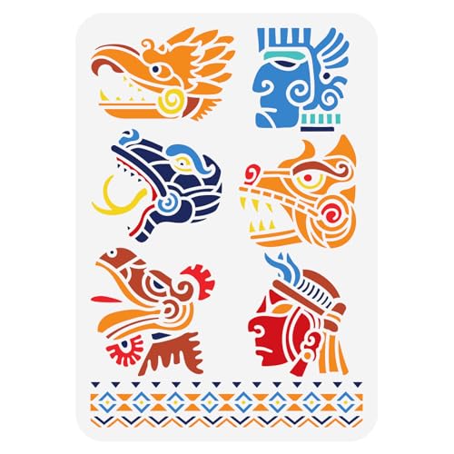 FINGERINSPIRE Maya Azteken Symbole Schablone 21x29.7 cm Kunststoff Stammesthema Malschablonen Wand Maya Gesichtssprühschablonen Menschliche Gesichter Schlangen Tiger Drachen Vögel Zeichenschablonen von FINGERINSPIRE