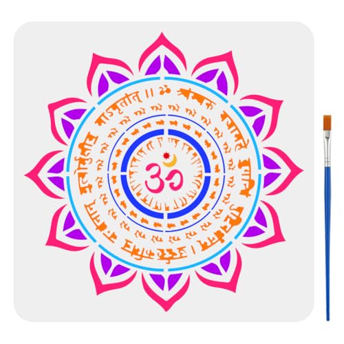 FINGERINSPIRE Om Mandala-Schablone mit Pinsel, 30 x 30 cm, Mandala-Schablone, buddhistische Malschablone, kreative Religionen, Thema, Zeichenschablone für Wandfliesen, Boden, Papier, Möbel von FINGERINSPIRE