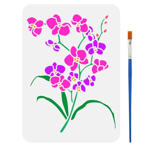 FINGERINSPIRE Orchideen Schablone Mit Pinsel 21x29.7cm Orchideenblatt Große Schablone Blühende Orchideen Malschablone Pflanzenmotiv Florale Zeichenschablone Für Wandfliesen Boden Papier Möbel von FINGERINSPIRE