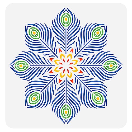 FINGERINSPIRE Pfauenfeder Kreis Schablone 30x30 cm Wiederverwendbare Pfauenfeder Blumen Malvorlage Mandala Feder Dekorationsschablone Zum Malen Auf Wand Holz Fliesen Und Möbeln von FINGERINSPIRE