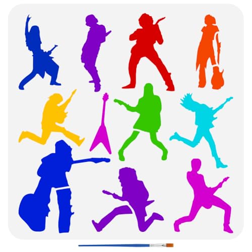 FINGERINSPIRE Rock-Figuren, Silhouetten, Malschablone mit 1 Pinsel, 30 x 30 cm, wiederverwendbar, Rockmusiker-Schablone, Gitarre, Spielfiguren, Schablone zum Malen auf Holz, Wand, Möbel von FINGERINSPIRE