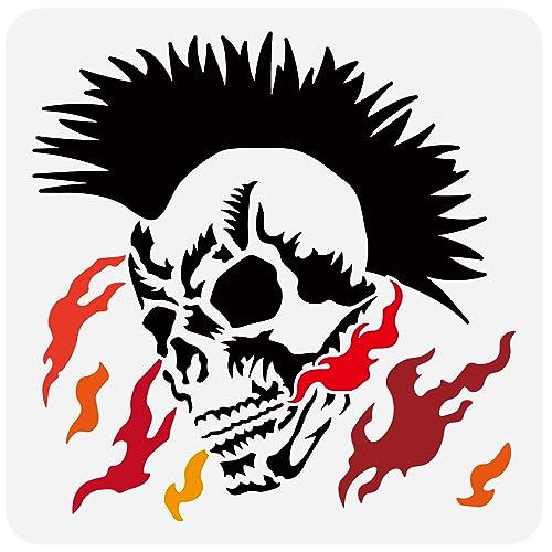 FINGERINSPIRE Rock Punk Malschablone 30x30 cm Mohawk Schädelkopf Zeichnungsvorlage Totenkopf Knochen Schablone Flammenmuster Kunststoff Schablone DIY Bastelschablone Zum Malen Auf Holzleinwand von FINGERINSPIRE