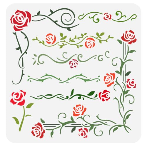 FINGERINSPIRE Rosenranken Malschablone 30x30 cm Rankenrand Zeichnungsschablone Rosenblüten Schablone Pflanzenthema Bastelschablone Zum Malen Auf Wand Holz Leinwand Stoff Möbel DIY Heimdekoration von FINGERINSPIRE