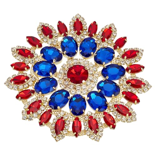 FINGERINSPIRE Runde Strass-Applikation, 10,9 x 10,4 cm, blau-rote Kristall-Blumen-Aufnäher, Strass-Applikationen mit Metallkette, zum Basteln, Nähen, Strass-Patch, für Hochzeit, Brautkleid, Kleidung, von FINGERINSPIRE