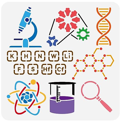 FINGERINSPIRE Schablone Für Wissenschaftliche Experimente 30x30 cm Wiederverwendbare Mikroskopbecher Lupe Zahnräder Malschablone DNA Moleküle Periodensystem Vorlage Für Wanddekoration von FINGERINSPIRE