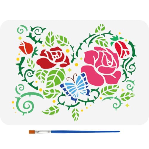 FINGERINSPIRE Schablone Gewirbeltes Rosenherz 29.7x21cm Große Rosenschablone Mit Pinsel Herzförmige Blumenmalschablone Valentinstagsmotive Florale Zeichenvorlagen Für Wandfliesen Bodenpapier von FINGERINSPIRE