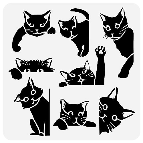 FINGERINSPIRE Schwarze Katze Malschablone 30x30 cm Groß Niedliche Katzen Schablone Zum Malen Quadratische Guckende Katzen Rand Zeichnungsvorlage Dekorative Tier Themen Schablone Für Fliesendekor von FINGERINSPIRE