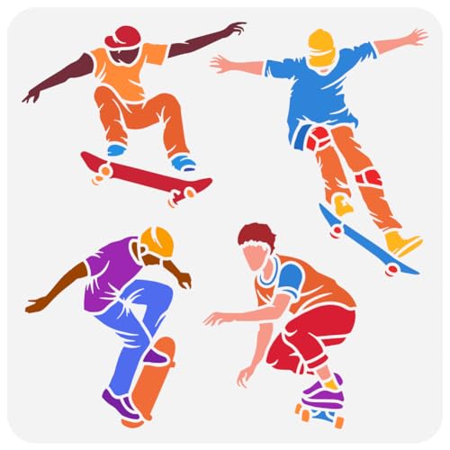 FINGERINSPIRE Skateboarder Malschablone 30x30 cm Wiederverwendbare Skateboard Sportmuster Zeichenvorlage DIY Sportthema Schablone Zum Malen Auf Holz Wand Stoff Papier Möbel von FINGERINSPIRE