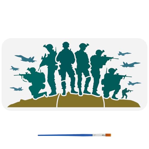 FINGERINSPIRE Soldaten-Schablone mit Pinsel, 15 x 30 cm, Kampfflugzeug-Schablone, Kunststoff, PET, Soldaten, Silhouette, Malschablone, Flugzeug, Muster-Vorlage, Militär-Themenschablone für DIY von FINGERINSPIRE