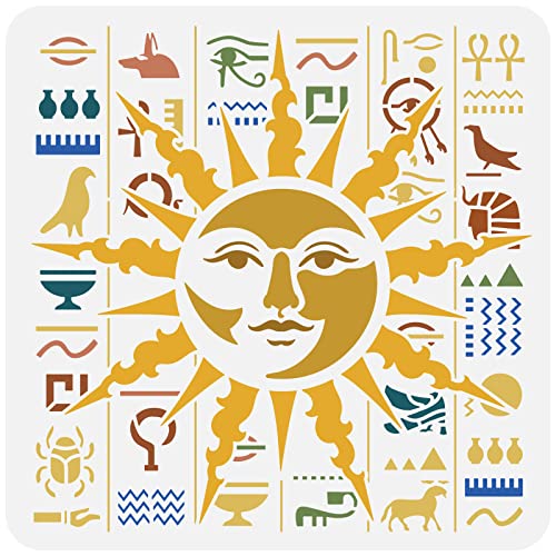 FINGERINSPIRE Sonnengesicht Schablone 30x30cm Ägyptische Schrift Schablone Plastik Sonnenschablone Hieroglyphen Schrift Malschablone Himmlische Sonnengesicht Kunstschablone für DIY Bastel erstellen von FINGERINSPIRE