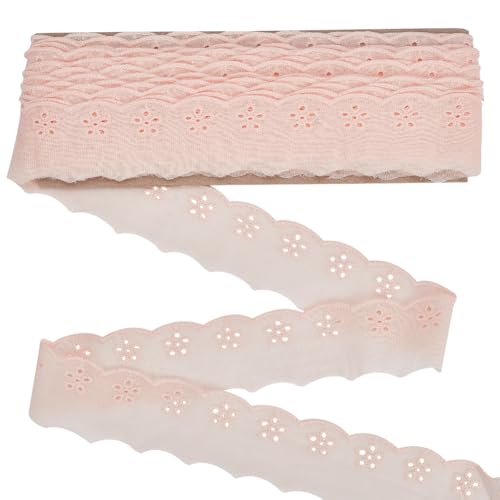 FINGERINSPIRE Spitzenbesatz Aus Baumwolle 13.7 m 40mm Breit Rosa Ösen Spitzenband Aus Baumwolle Florale Stickerei Spitzenbesatz Gewellter Rand Florales Ösen Spitzenband Aus Baumwolle Zum Nähen von FINGERINSPIRE