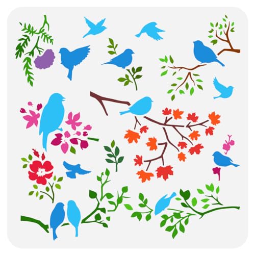 FINGERINSPIRE Vogel auf Zweig Malerei Schablone 30x30cm Roosting Vögel Schablone Floral Baum Zweige Schablone Vögel Silhouette Schablone Vögel Zweige Muster Schablone für Malerei auf Holz Wand von FINGERINSPIRE