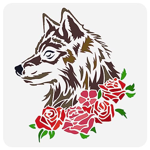 FINGERINSPIRE Wolf Rosen Malschablone 30x30 cm Wiederverwendbare Blumen Wolf Schablone Kunststoff Rosen Vorlage Tiermotiv Schablone Ausgehöhlte Schablonen Zum Malen Auf Holzwänden DIY Heimdekoration von FINGERINSPIRE