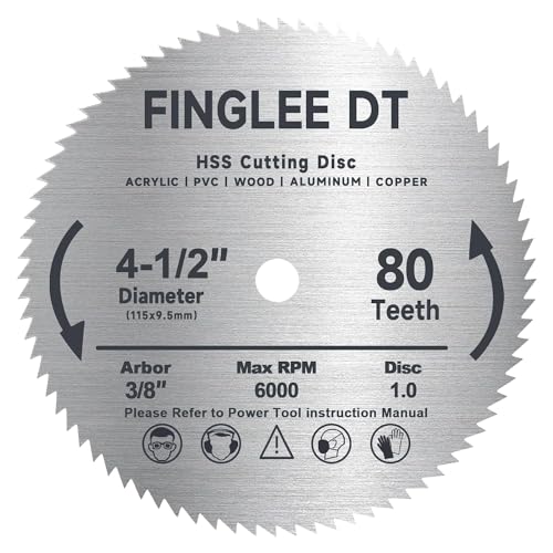 HSS Kreissägeblatt 115mm x 9.5mm mit 80 Zähnen, Hochwertige Trennscheibe für Holz, Kunststoff, Kupfer, Aluminium, Stahl, 3/8" Bohrung, mehr Zähne für feinere Schnitte (1) von FINGLEE DT