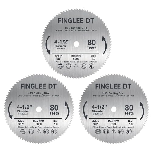 HSS Kreissägeblatt 115mm x 9.5mm mit 80 Zähnen, Hochwertige Trennscheibe für Holz, Kunststoff, Kupfer, Aluminium, Stahl, 3/8" Bohrung, mehr Zähne für feinere Schnitte (3) von FINGLEE DT