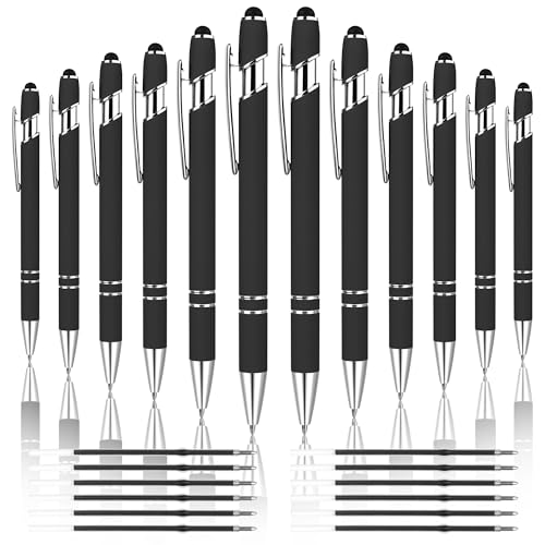 FIRCRE 12 Stück 2-in-1 Stylus-Kugelschreiber mit Stylus-Spitze, Stylistenstifte 1,0 mm, schwarze Tinte, Metallstift, Stylus Pen für Touchscreens (Silber & Schwarz) von FIRCRE