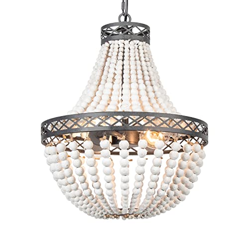 FIRVRE Weiß Boho Natürlich HolzPerlen Pendelleuchte Vintage Rustikale Led Hängende Lampe E27 Loft französische Landschaft Kronleuchter （LED- und Glühlampen-Lichtquellen nicht enthalten） von FIRVRE