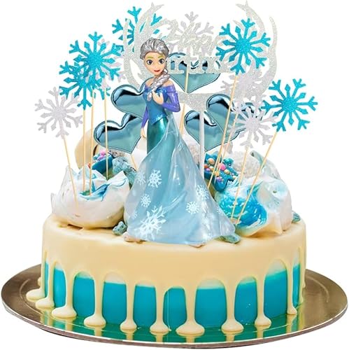 Cake Topper Set, 27 Stück Kuchen Dekoration Schloss Schneeflocken Tortendeko Blau Weiß Tortendeko Prinzessin Kuchen Topper Glitter Happy Birthday Tortenaufsatz für Geburtstag Kinder von FISAPBXC