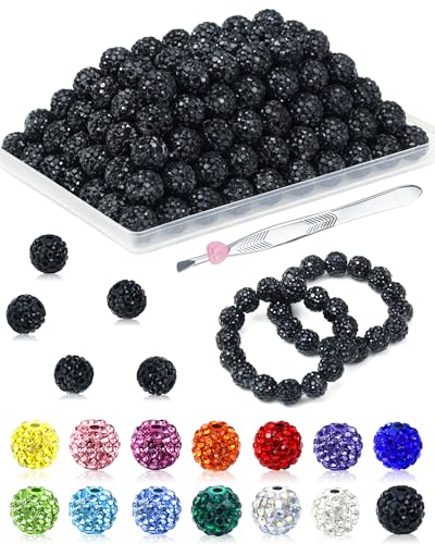 120 Stück FIVEIZERO Strassperlen für Schmuckherstellung, 10 mm große, schwarze, glänzende, runde Kristall-Ton-Perlen, Großpackung, glitzernde Baseball-Halskette, Perlen für Armbänder und von FIVEIZERO