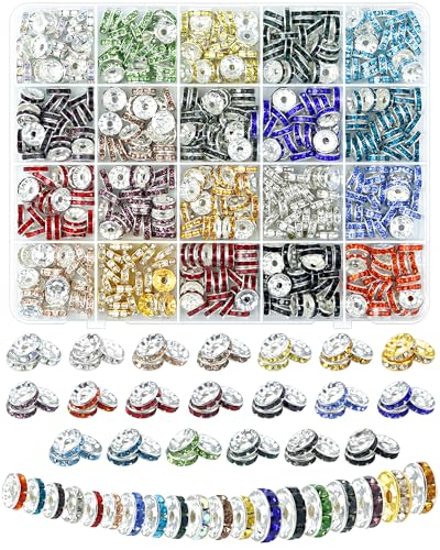 FIVEIZERO Rondelle-Abstandshalter für Schmuckherstellung, 10 mm, Strass-Abstandshalter für Armbänder, Armbänder, Abstandshalter für Bastelarbeiten, Abstandshalter für Stifte, 20 Farben, 500 Stück von FIVEIZERO