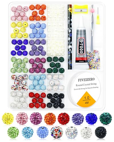 FIVEIZERO Strass-Perlen-Set, 10 mm, glitzernde Baseball-Halskettenperlen zur Schmuckherstellung, 15 Farben, Pavé-Fassung, Discokugel-Perlen mit Kunstperlen, elastischer Schnur und Reparaturwerkzeugen, von FIVEIZERO