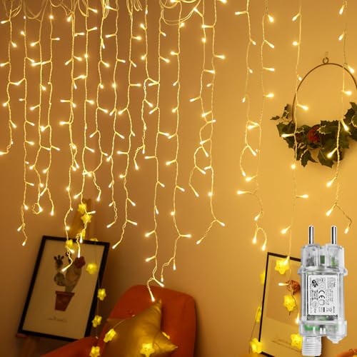 FIVMEN Lichterkette 15M 600LED Lichtervorhang Außen Innen Strom Lichterkette Vorhang mit EU Stecker und 8 Modi Lichtvorhang Eisregen Weihnachtsbeleuchtung Weihnachtsdeko, Warmweiß von FIVMEN