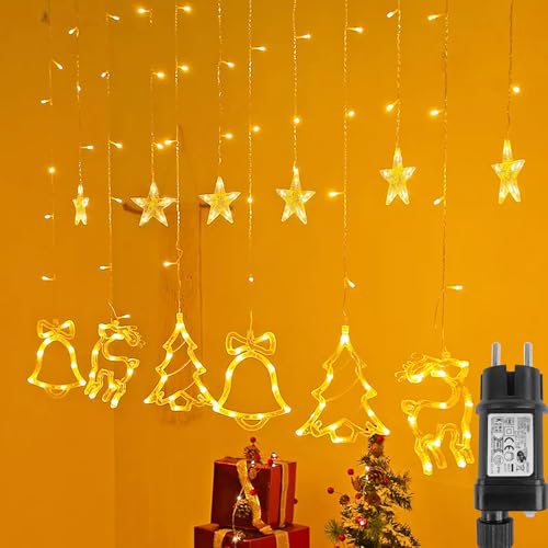 FIVMEN Weihnachtsdeko Lichterkette Lichtervorhang 138 LED Sterne Weihnachtsmuster Lichterketten Vorhang 8 Modi mit Stecker IP44 Wasserdicht Weihnachtsbeleuchtung für Außen Innen von FIVMEN