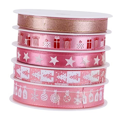 FIXOSHEE 5 Rollen Weihnachtsband Weihnachtsfeier gefallen Weihnachtsbänder Feiertagsverpackungsband Zierband Geschenkbänder weihnachtsdeko geschenkband Ornamentband Dekorband Stoff Rosa von FIXOSHEE