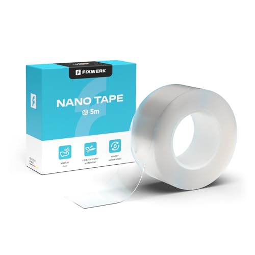 FIXWERK Nano Tape | transparentes Klebeband mit extra starker Haftung | wiederverwendbar | wasserfest | durchsichtiges Mehrzweck Klebeband für Heim, Schule und Büro, 5m x 3cm x 0,5mm (Einseitig) von FIXWERK