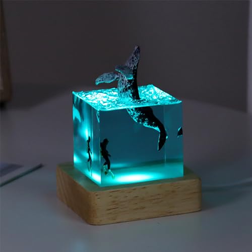 FIYSON Epoxidharz Hai Nachtlicht,Ozeanwürfel-Ornamente,Nachtlampe mit Buckel Wal Shark Taucherlampe mit Holzsockel,Mikrolandschafts-Ozean-Wal-Nachtlicht,für Home Office Dekoration (Buckelwal Stil 2) von FIYSON