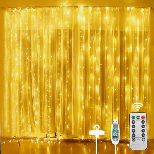 FIYSON LED Lichtervorhang, 200 LEDs, USB Vorhang Lichterkette mit 10 Haken, 10 Helligkeit,8 Modi Fernbedienung,IP65 Wasserfest, für Weihnachten Hochzeit Party Fenster Wand Balkon Deko (Warmweiß, 3x2m) von FIYSON