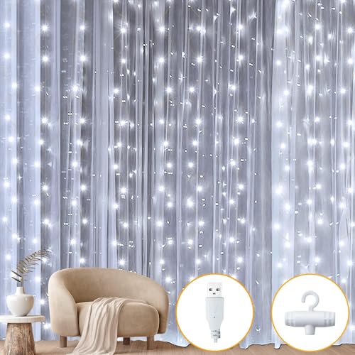 FIYSON LED Lichtervorhang, 300 LEDs, USB Vorhang Lichterkette mit 10 Haken, 10 Helligkeit, 8 Modi Fernbedienung, IP65 Wasserfest, für Weihnachten Hochzeit Party Fenster Wand Balkon Deko (Weiß, 3x3 m) von FIYSON