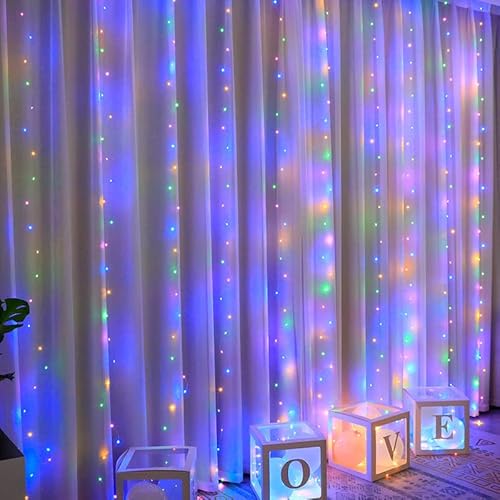 FIYSON LED Lichtervorhang, 200 LEDs, USB Vorhang Lichterkette mit 10 Haken, 10 Helligkeit, 8 Modi Fernbedienung, IP65 Wasserfest, für Weihnachten Hochzeit Party Fenster Wand Balkon Deko (Farbig, 3x2m) von FIYSON