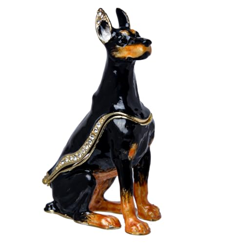 FJ FENGZHIJIE Dobermann Hund Figur Schmuckschatulle mit handbemalten Details und Scharnierdeckel Golden Crystal Emailliert Tier Andenken Besonderes Tag Geschenke für Hundeliebhaber von FJ FENGZHIJIE