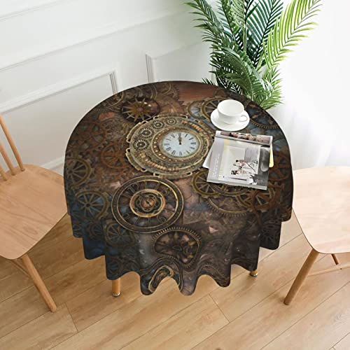 Steampunk-Uhr-Druck, runde dekorative Tischdecke, 152,4 cm, Polyester-Stoff, Teetischdecken zum Essen von FJAUOQ