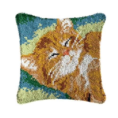 FJEOLEN Latch Hook Kits for Adults Kids, DIY Cute Animal Hook Latch Pillow Cover Kit, Colour Pre-Printed Canvas Latch Hook Kits, Handmade Needlework Crafts for Home Sofa Decoration 17x17 in (Cat) von FJEOLEN