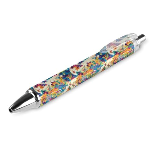 FJQWKLF Kugelschreiber mit Aquarellmotiv „Bunte Katzen und Schmetterlinge, 0,5 mm, personalisierbar, einziehbar, schwarzer runder Schaft, feine Spitze, für Notizbücher, Schreiben, Büro, 1 Stück von FJQWKLF