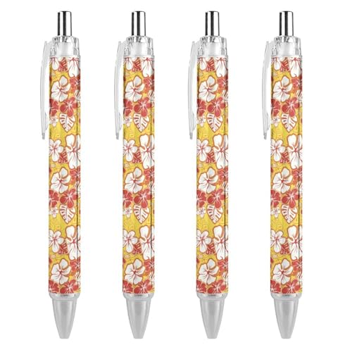 FJQWKLF Schwarzer Kugelschreiber mit tropischem Hawaii-Blumenmuster für Männer und Frauen, Druckkugelschreiber, 0,5 mm Kugelschreiber für flüssiges Schreiben, 4 Stück von FJQWKLF