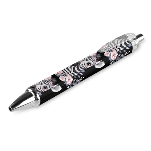 Kugelschreiber mit süßem Zebra und Blumen, 0,5 mm, personalisierbar, einziehbar, schwarzer runder Schaft, feine Spitze, für Notizbücher, Schreiben, Büro, 1 Stück von FJQWKLF