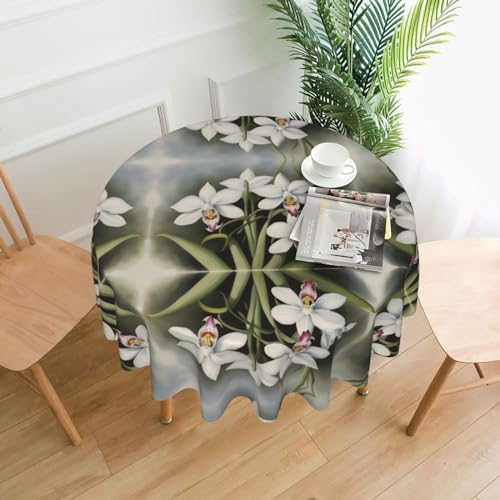 Runde dekorative Tischdecke mit weißem Glockenorchideenmuster, 152,4 cm, kann gewaschen und wiederverwendet werden, für runde Tische, Esstische, Couchtische von FJQWKLF