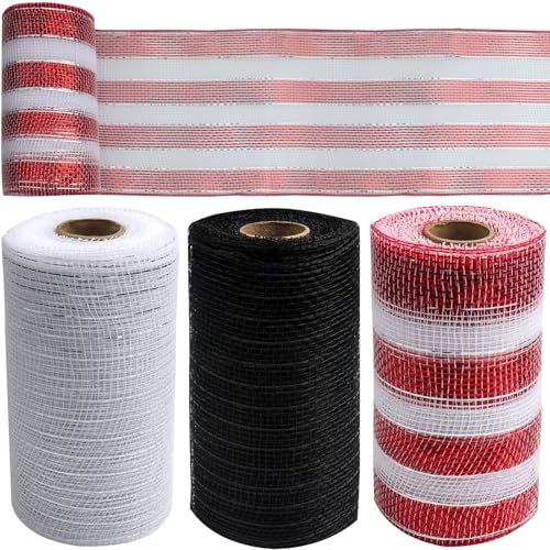 FKKFSS 3 Rollen 9.1 m Mesh Glitter Dekorband Metallic Folie Dekoratives Gurtband Glitzer Spule Band Party Wimpelkette DIY Girlande (Weiß (Silberfaden), Schwarz, Rot und Weiß Streifen) von FKKFSS