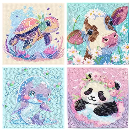 FLAJZ Diamond Painting Kinder, 4 Pack Cartoon-Tiere Diamant Painting Bilder，Edelsteinkunst füR Kinder, Crystal Diamond Painting, DIY Voller Crystal Strass Diamantmalerei Set für Kinder von FLAJZ