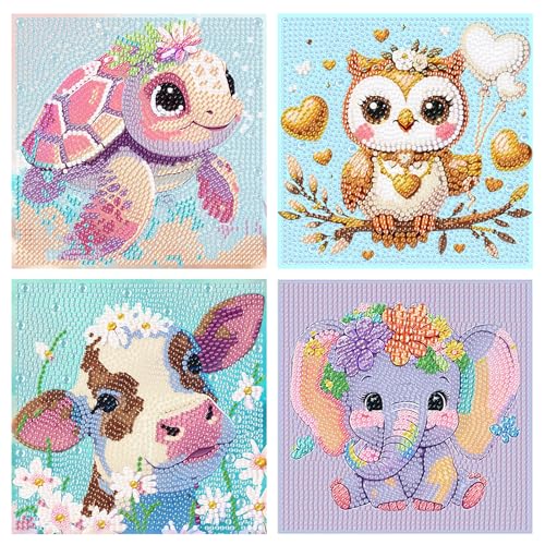 FLAJZ Diamond Painting Kinder, 4 Pack Cartoon-Tiere Diamant Painting Bilder，Edelsteinkunst füR Kinder, Crystal Diamond Painting, DIY Voller Crystal Strass Diamantmalerei Set für Kinder von FLAJZ