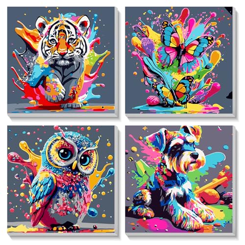 FLAJZ Malen Nach Zahlen Kinder, 4 Stück Tiere Malen Nach Zahlen mit Rahmen ab 5 6 7 8 9 10 11 12 Jahre Mädchen und Junge, Farbiges Leinwand Acrylfarben DIY Ölgemälde Set zur Heimdekoration, 20x20cm von FLAJZ