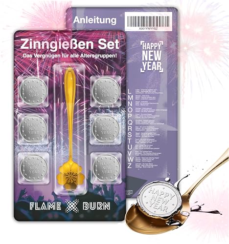 FLAME X BURN 5X Zinngießen Set für Silvester 2025: Zinn zum Gießen ähnlich wie Bleigießen, inklusive Löffel & Orakelbuch mit Deutungen - Partyspiele (5X) von FLAME X BURN