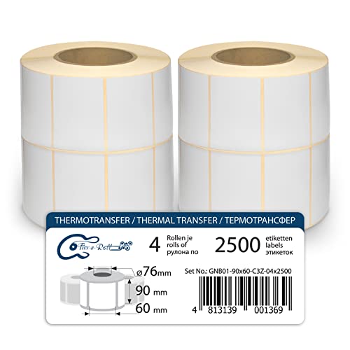 FLEX-N-ROLL Thermotransfer-Etiketten Versandetiketten - 90 x 60 mm - 10000 Thermo Transfer Papier glänzend auf 4 Rollеn, 3 Zoll Kern, Standard- und Industriedrucker, permanent von FLEX-N-ROLL