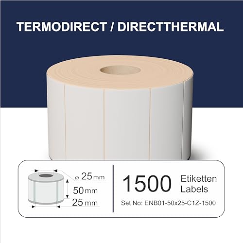 Selbstklebende Thermo Etiketten ECO, 50x25 mm, 1 Zoll Kern, Blanko, 1500 Stück auf Rolle, Standard- und Industriedrucker, Thermodirekt permanent von FLEX-N-ROLL