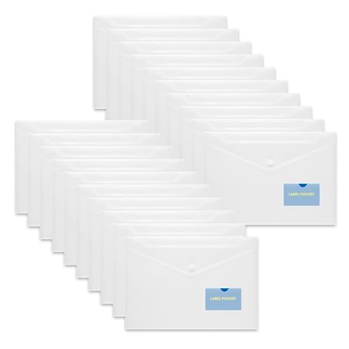 FLEXOFFICE Kunststoff-Umschläge im A4-Format mit Druckknopfverschluss und Etikettenfach, transparent, für US-Brief, A4, Poly-Aktenumschläge für Schule, Zuhause, Arbeit, Büro, 20 Stück von FLEXOFFICE